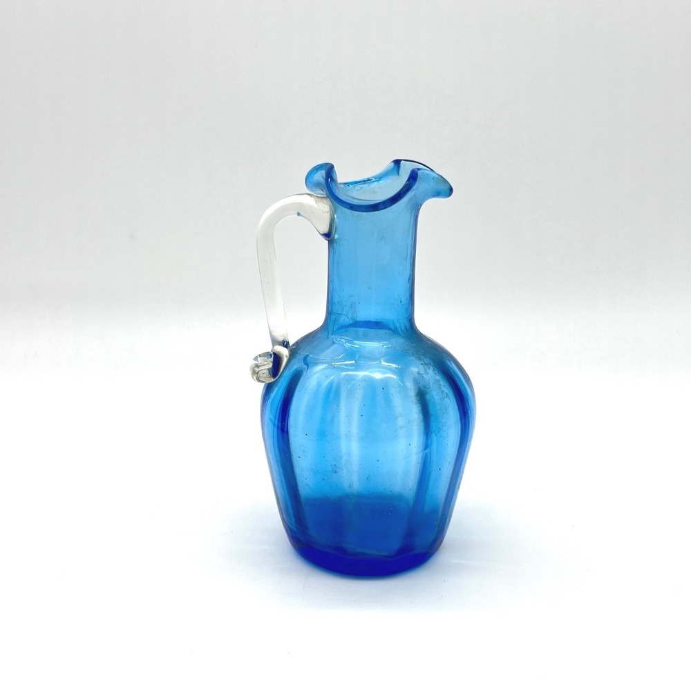 Vintage Blue‎ Mini Blown Glass Pitcher Small Art Glass Bud Vase Ruffled Spout
